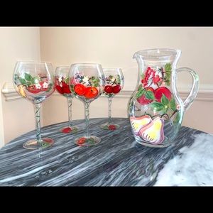 Hand painted set of 4 wine glasses and pitcher.  EUC